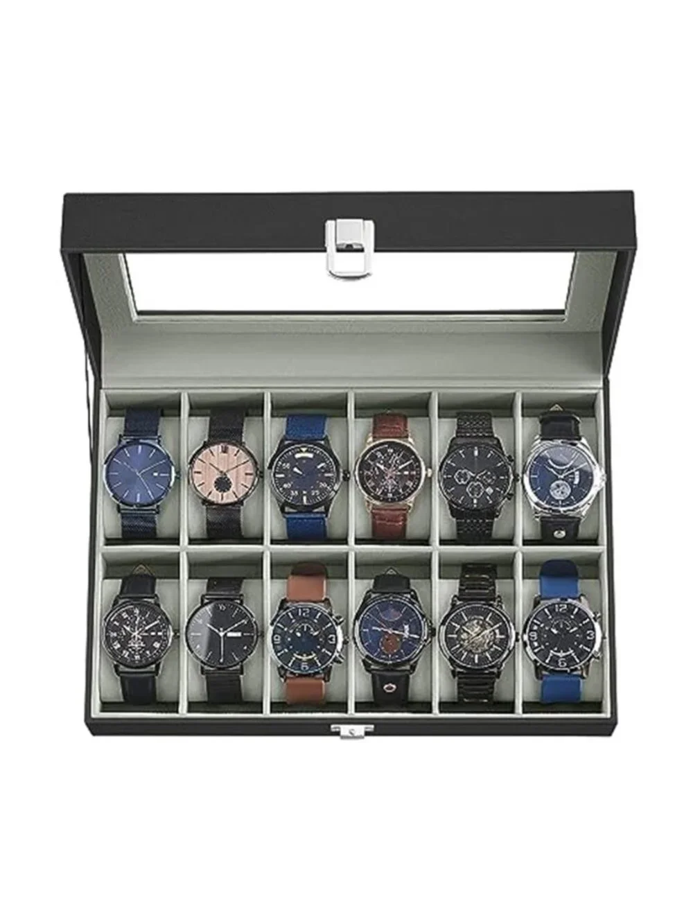 Watch Box, 12-Slot Watch Case Organizer with Large Glass Lid,